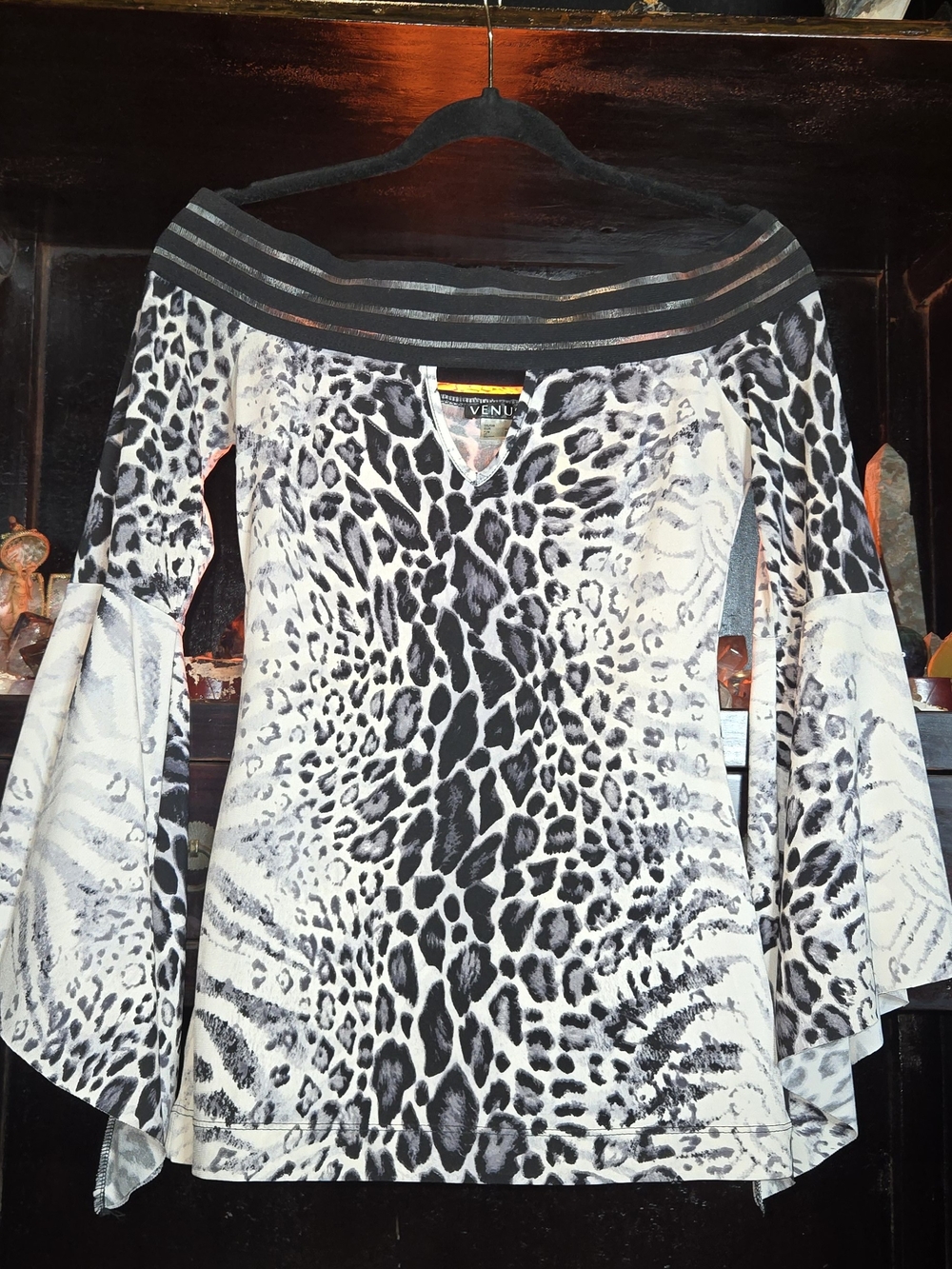 VENUS Off The Shoulder Black and White Animal Print Top